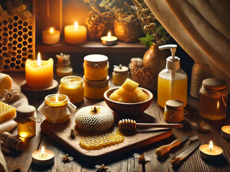 Scène chaleureuse illustrant les utilisations de la cire d'abeille bio à la maison, avec des baumes faits maison, un wrap alimentaire en cire d'abeille, une table en bois entretenue avec de la cire, et des bougies naturelles allumées dans une ambiance rustique et cosy.