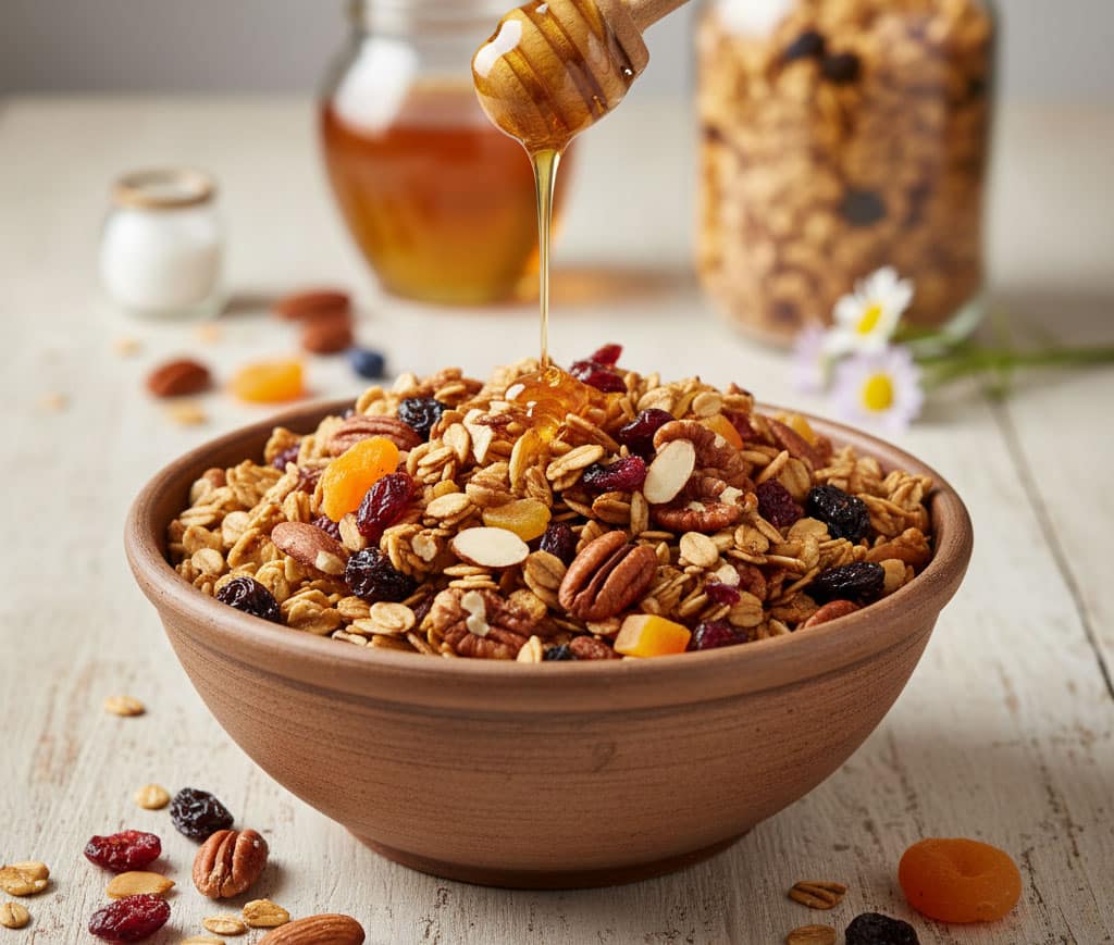 granola dans une assiette en terre, recouvert de miel bio
