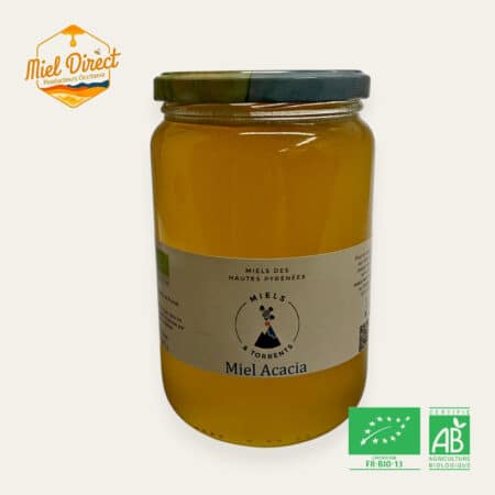 miel d'acacia bio produit dans les Pyrénées, en pot de 980g