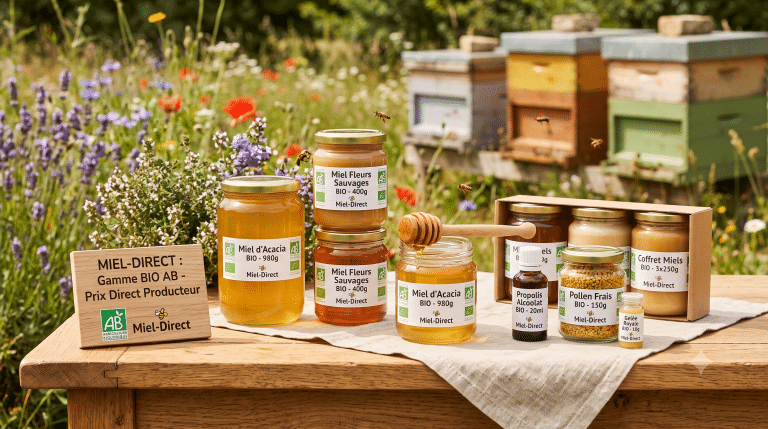 Prix des produits de la ruches bio - miels, gelée royale, pollen, propolis - vendus directement par les apiculteurs sur Miel-Direct.